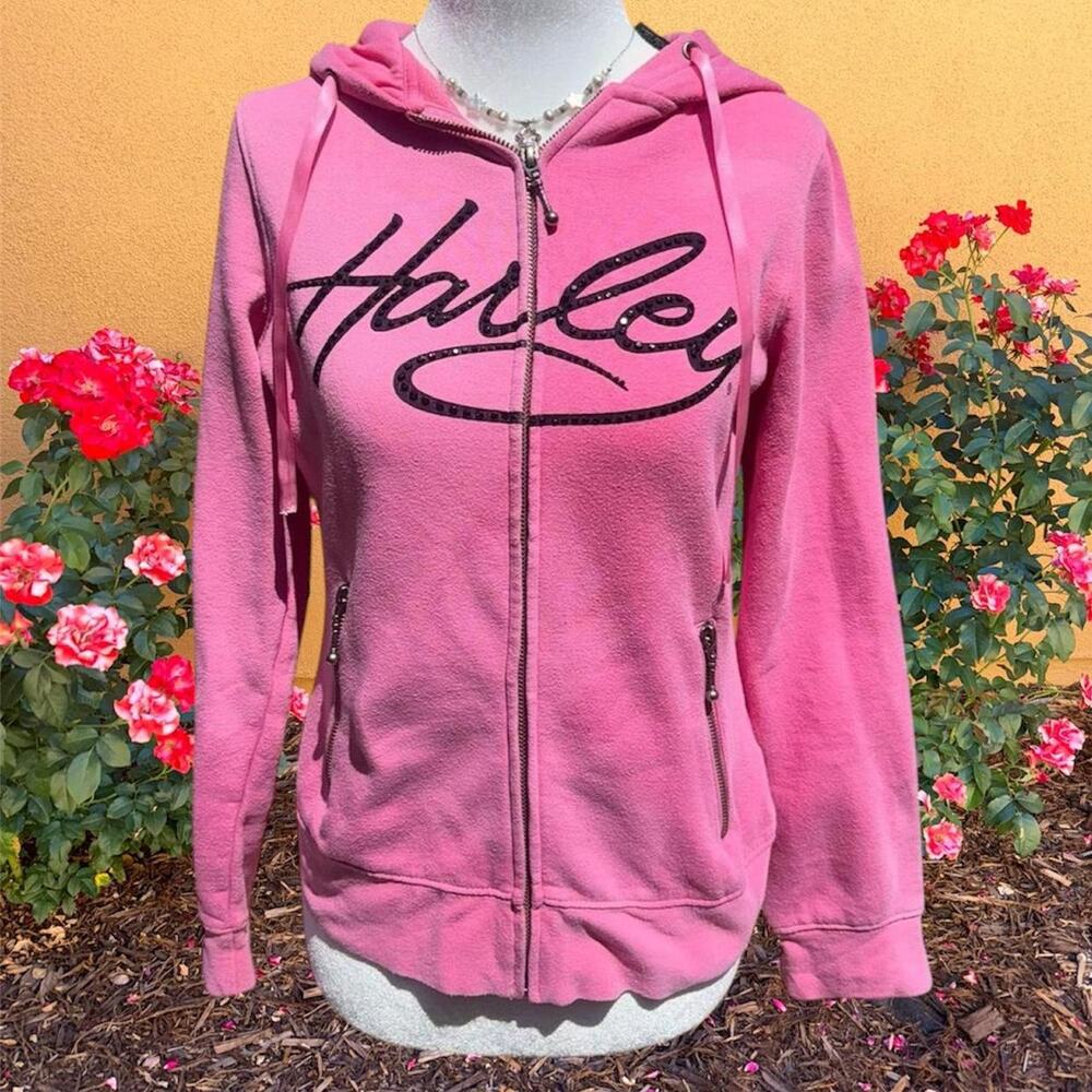 Y2k 2000s pink and black zip up Harley hoodie